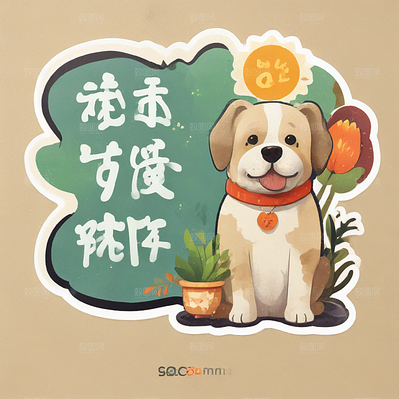 快乐金铃大白狗戴红花橘黄背景图片