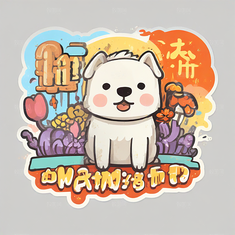 快乐金铃大白狗戴红花橘黄背景图片