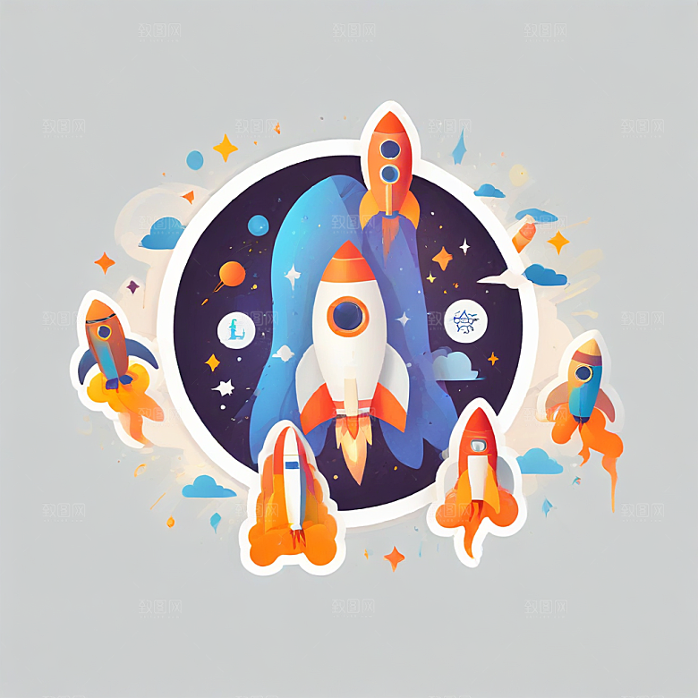 创意手绘火箭升空图插画图片