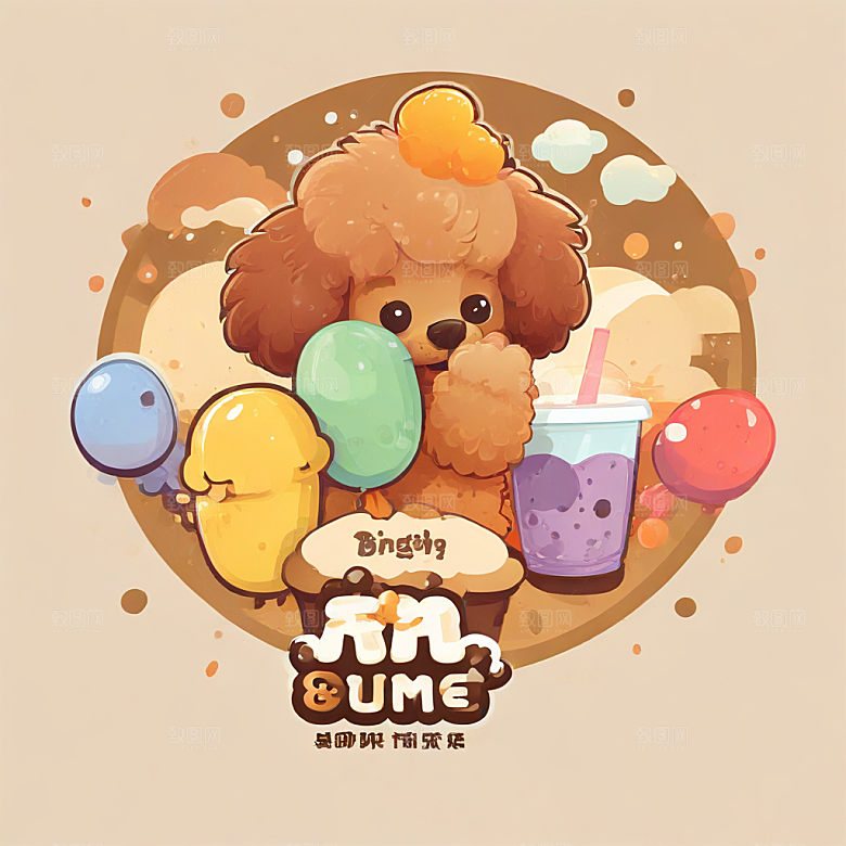 可爱卡通贵宾犬喝奶茶图插画图片