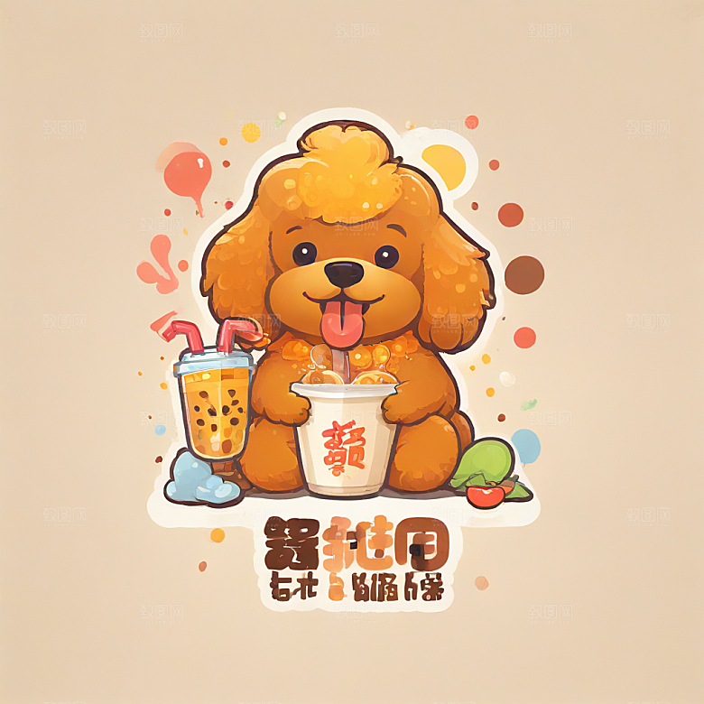 可爱卡通贵宾犬喝奶茶图插画图片