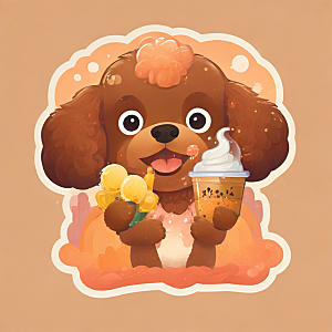 可爱卡通贵宾犬喝奶茶图插画图片