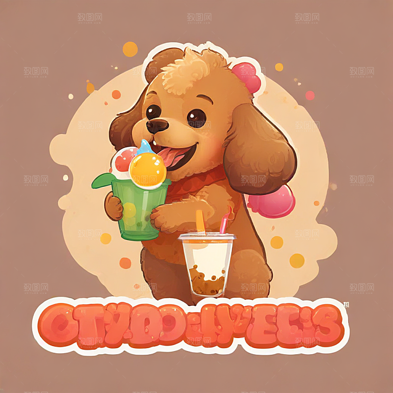 可爱卡通贵宾犬喝奶茶图插画图片