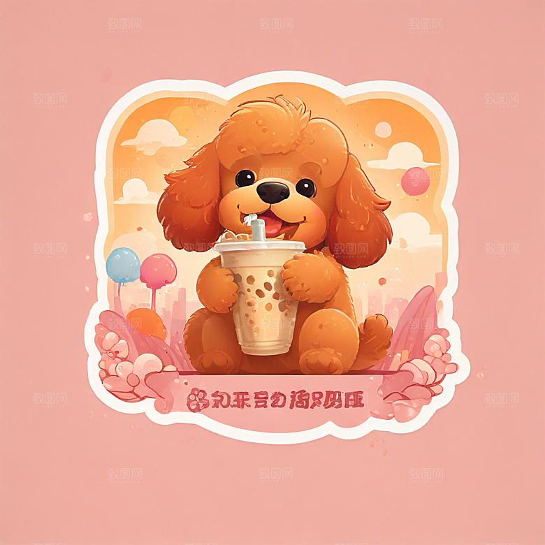 可爱卡通贵宾犬喝奶茶图插画图片