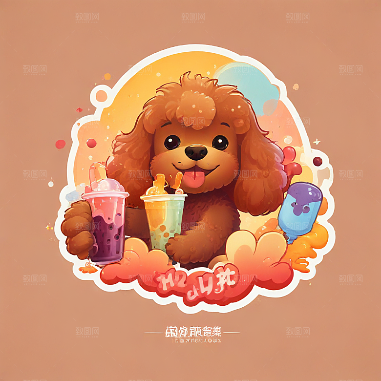 可爱卡通贵宾犬喝奶茶图插画图片