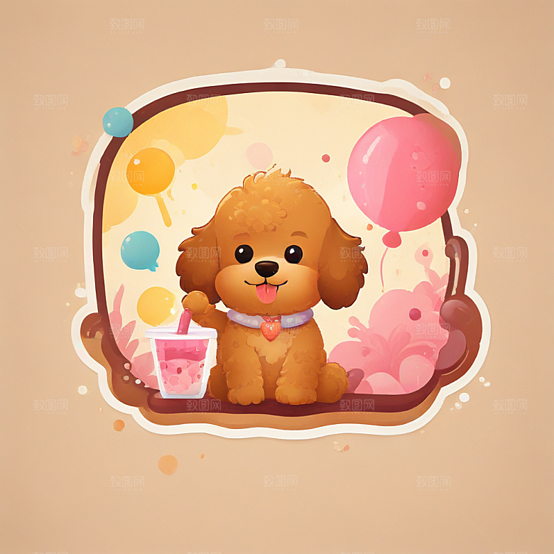 可爱卡通贵宾犬喝奶茶图插画图片