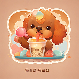 可爱卡通贵宾犬喝奶茶图插画图片