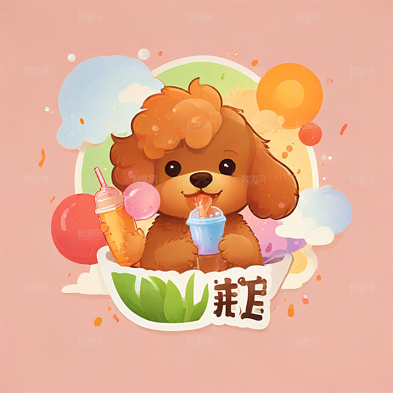 可爱卡通贵宾犬喝奶茶图插画图片
