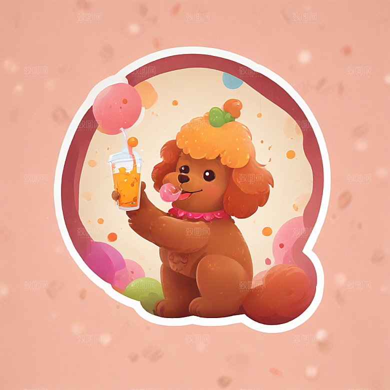 可爱卡通贵宾犬喝奶茶图插画图片