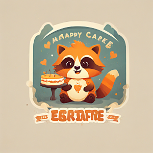 快乐 橙色 浣熊 蛋糕 卡通 手绘 欢乐