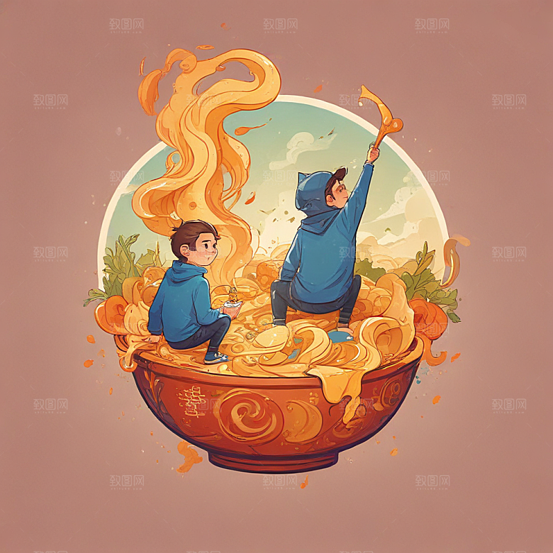 一碗面条插画卡通风格贴纸