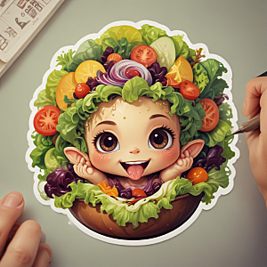 一份沙拉插画卡通风格贴纸