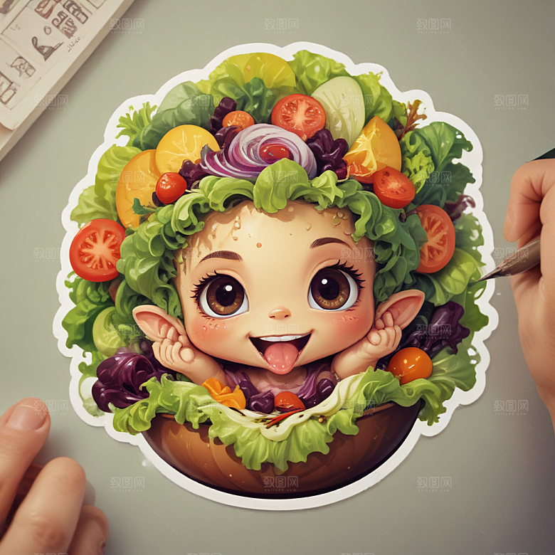 一份沙拉插画卡通风格贴纸