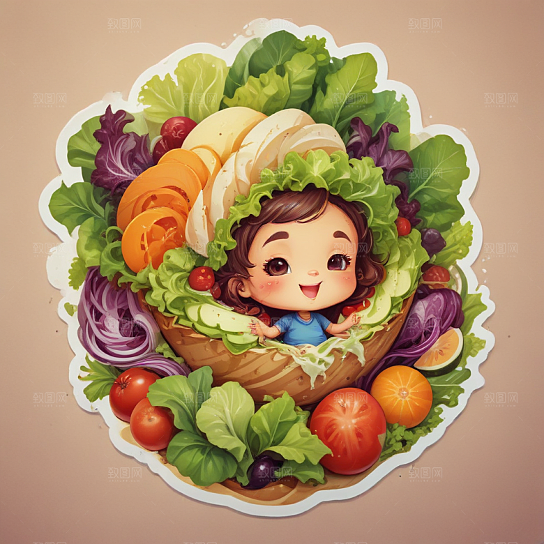 一份沙拉插画卡通风格贴纸
