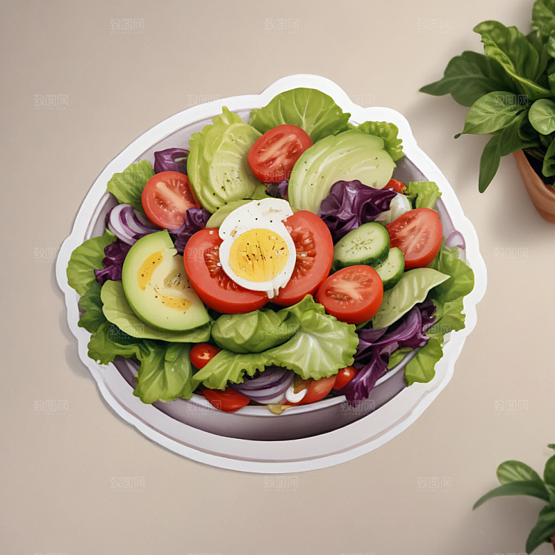 一份沙拉插画卡通风格贴纸