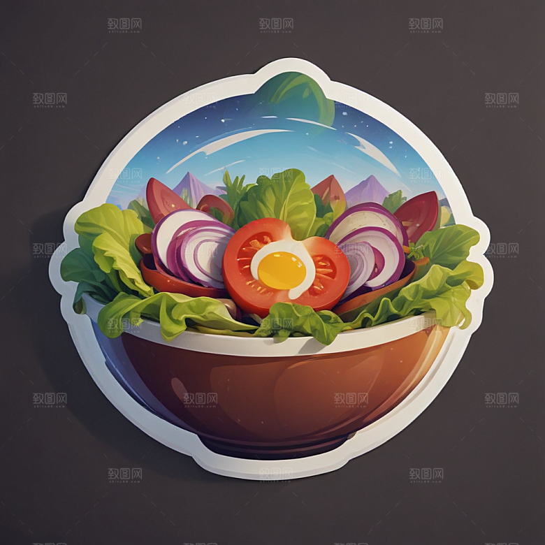一份沙拉插画卡通风格贴纸
