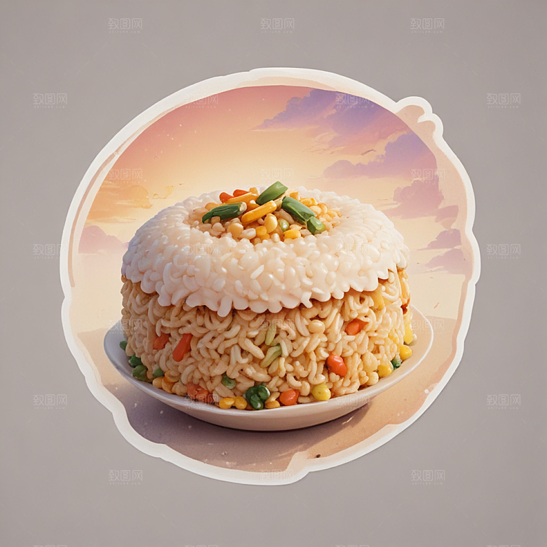一份炒饭插画卡通风格贴纸