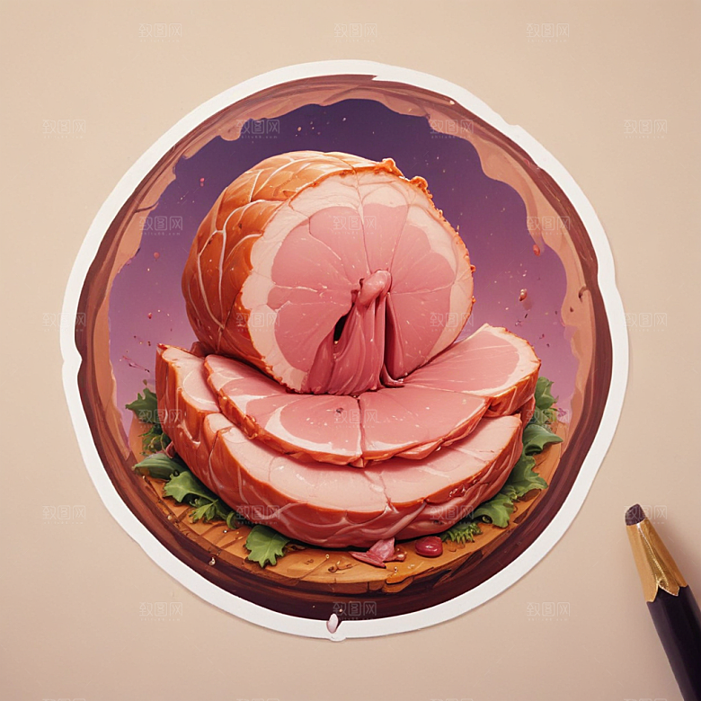 一片火腿插画卡通风格贴纸