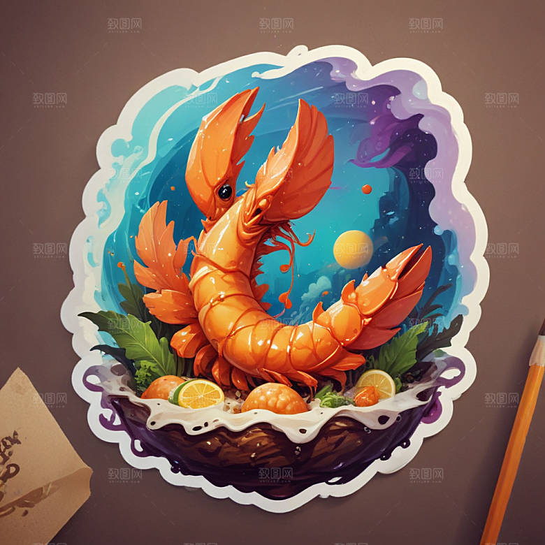 一只炸虾插画卡通风格贴纸