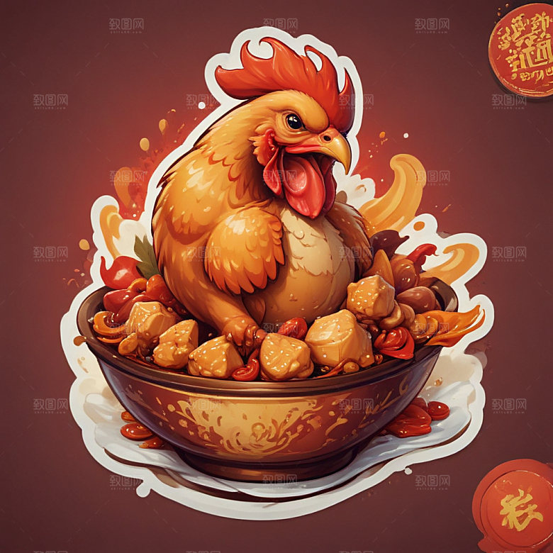 一份宫保鸡丁插画卡通风格贴纸
