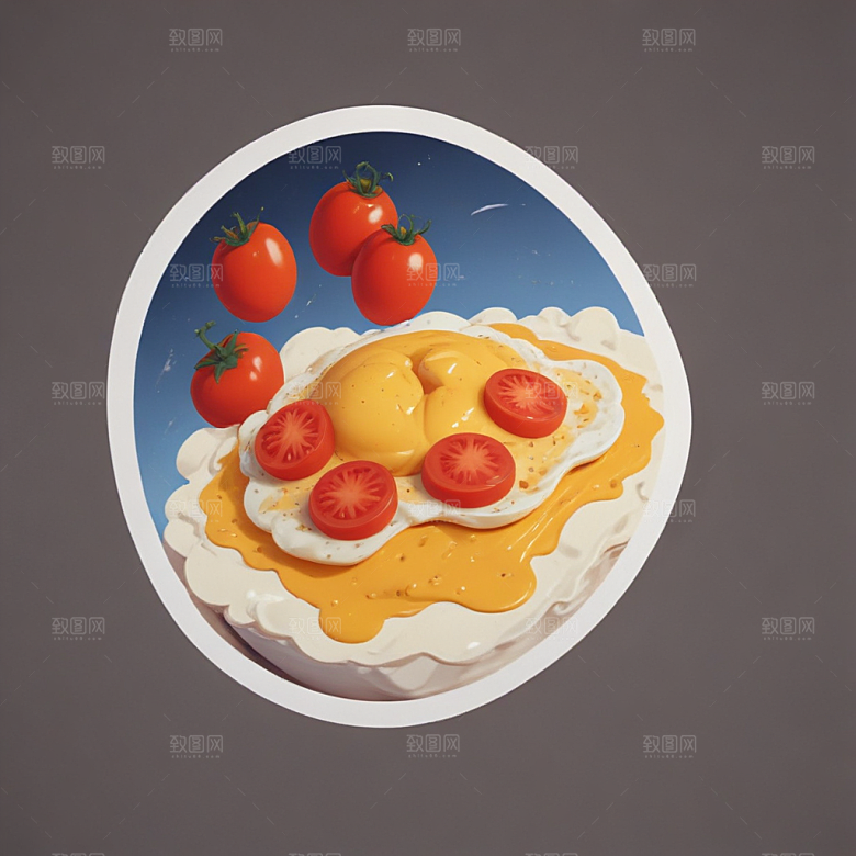 一份西红柿炒鸡蛋插画卡通风格贴纸