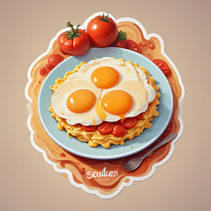 一份西红柿炒鸡蛋插画卡通风格贴纸
