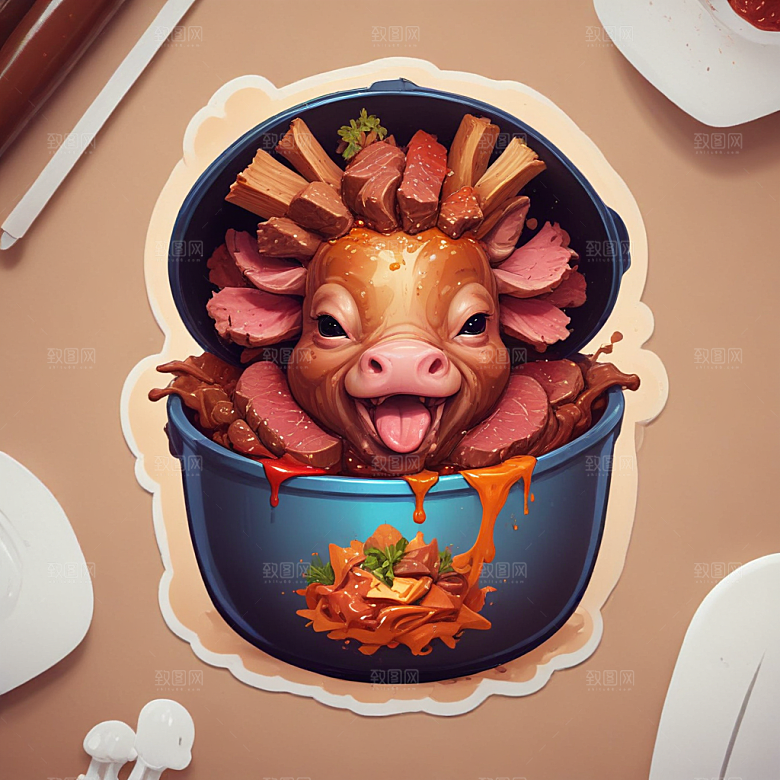 一份干锅牛肉插画卡通风格贴纸