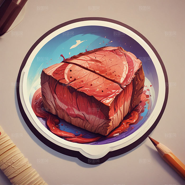 一份牛排插画卡通风格贴纸
