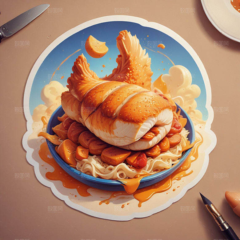 一份鸡排插画卡通风格贴纸