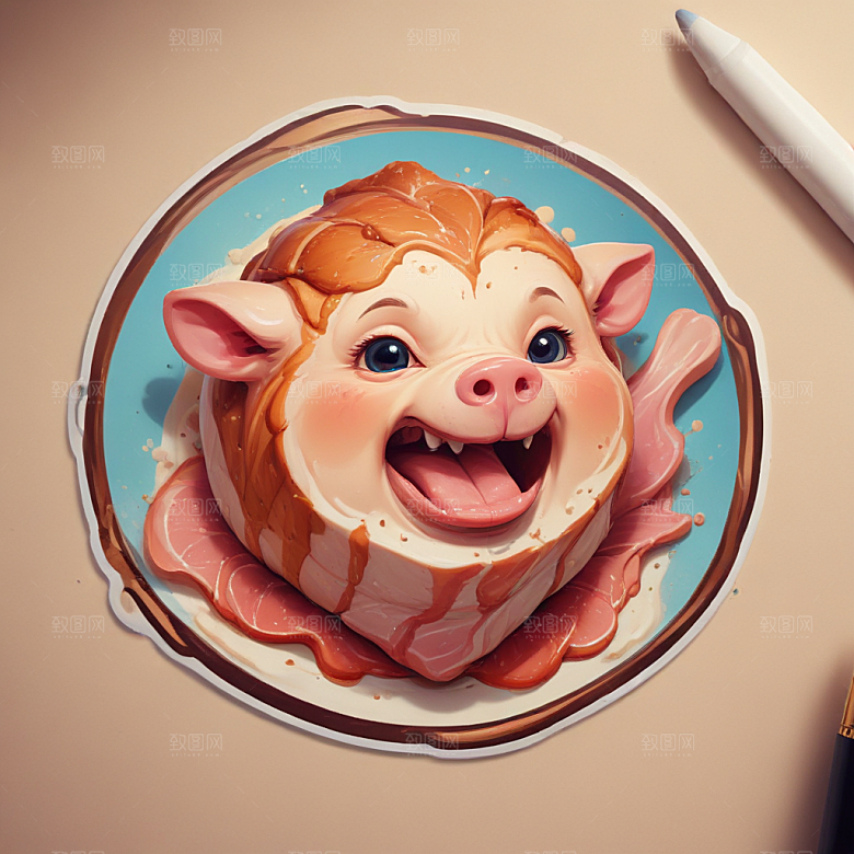 一份猪排插画卡通风格贴纸