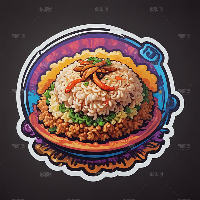 一份扬州炒饭插画卡通风格贴纸