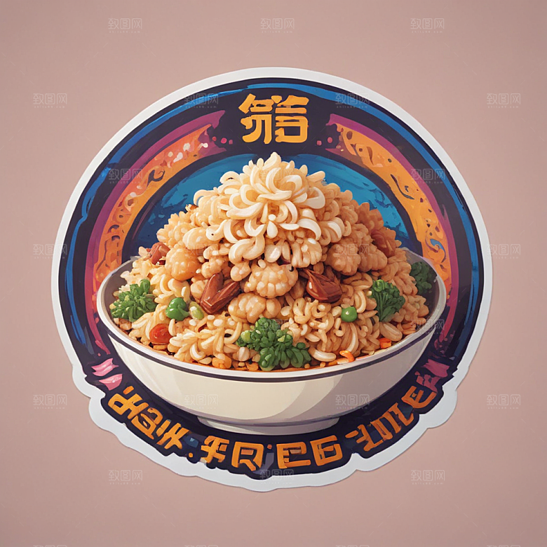 一份扬州炒饭插画卡通风格贴纸
