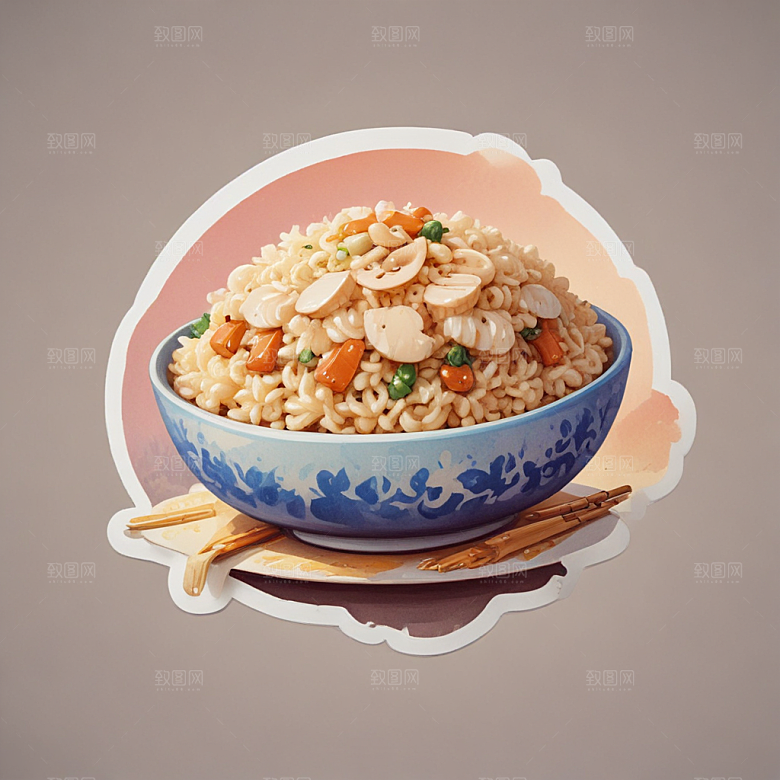 一份扬州炒饭插画卡通风格贴纸