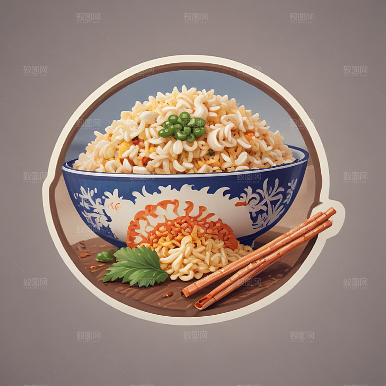 一份扬州炒饭插画卡通风格贴纸