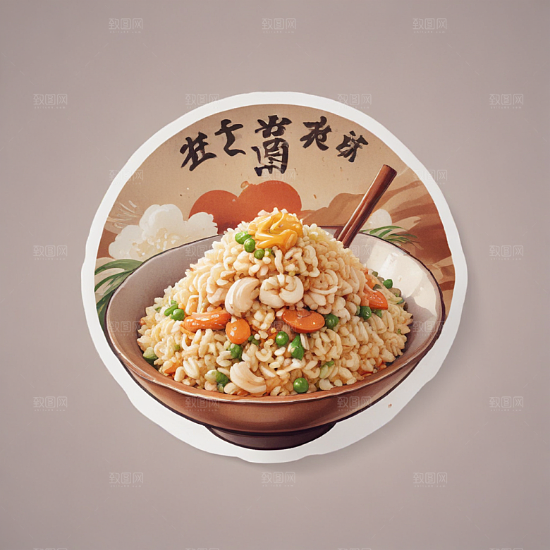一份扬州炒饭插画卡通风格贴纸