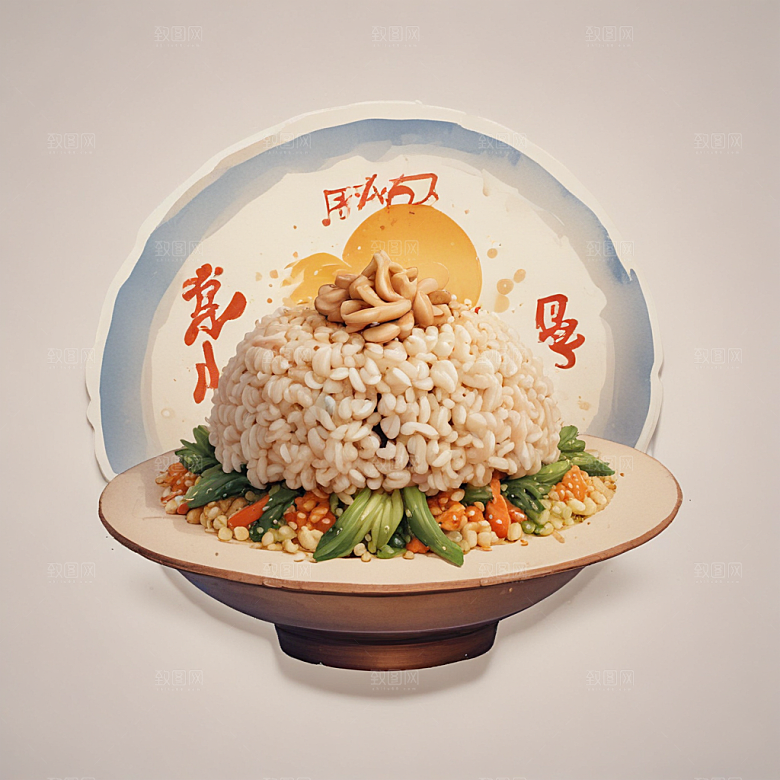 一份扬州炒饭插画卡通风格贴纸