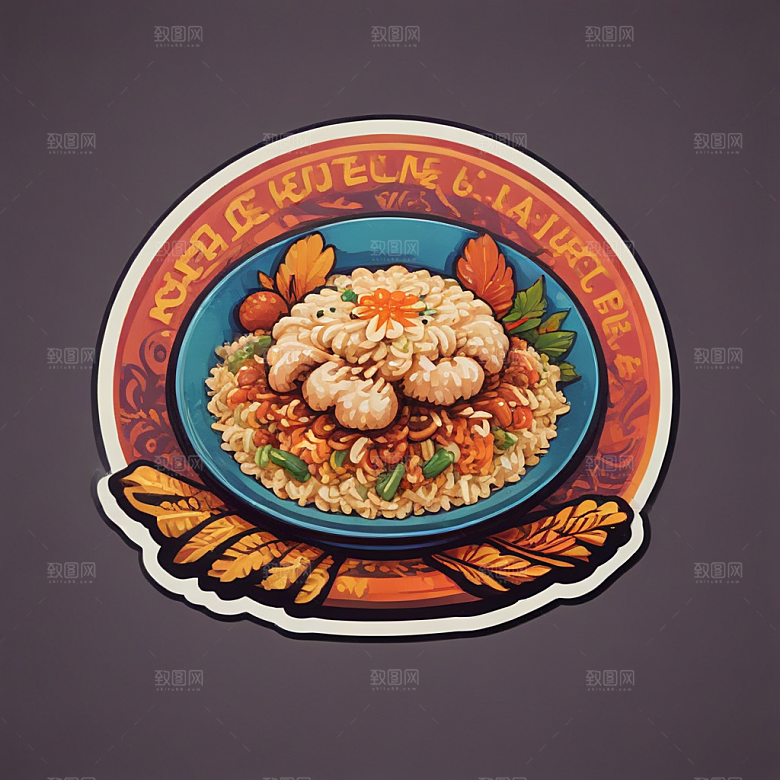 一份扬州炒饭插画卡通风格贴纸
