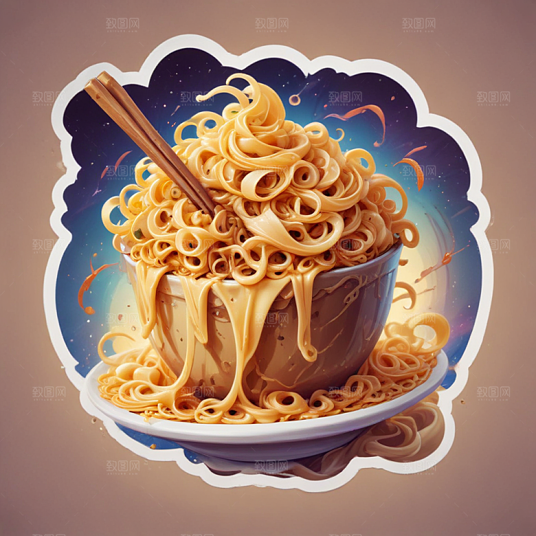 一份拌面插画卡通风格贴纸