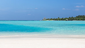 旅游度假暑假的马尔代夫岛海滩与棕榈树
