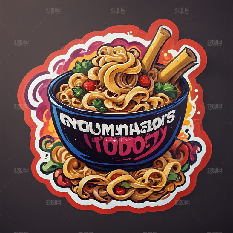 一份拌面插画卡通风格贴纸