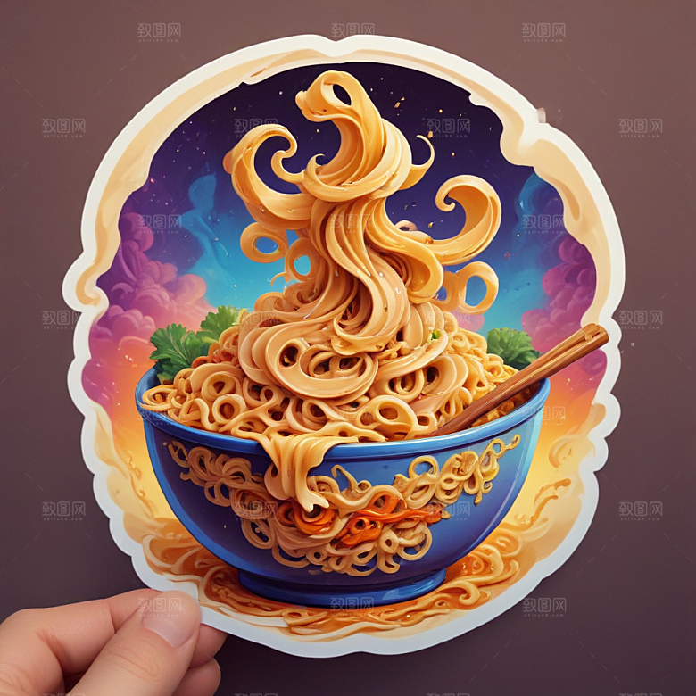 一份拌面插画卡通风格贴纸