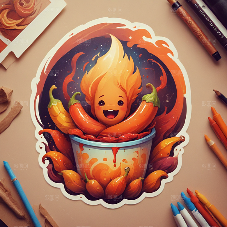 一份麻辣烫插画卡通风格贴纸