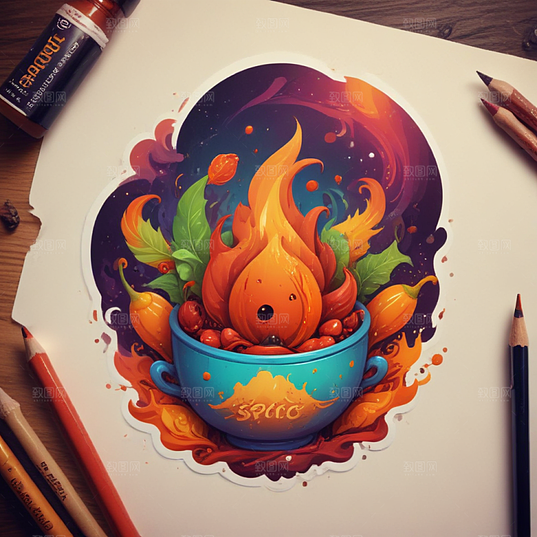 一份麻辣烫插画卡通风格贴纸
