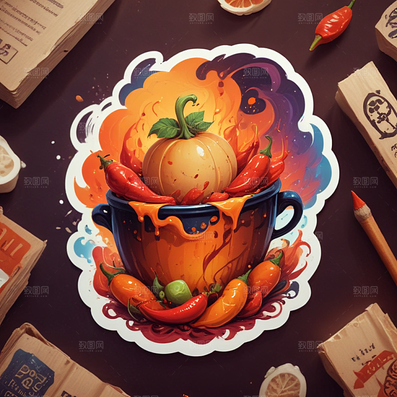 一份麻辣烫插画卡通风格贴纸