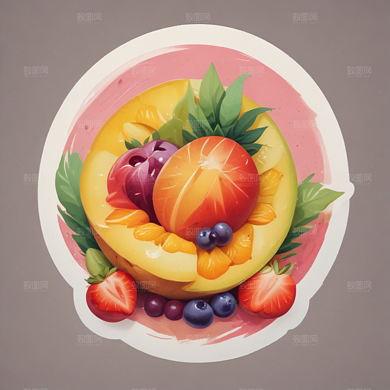 一份水果沙拉插画卡通风格贴纸
