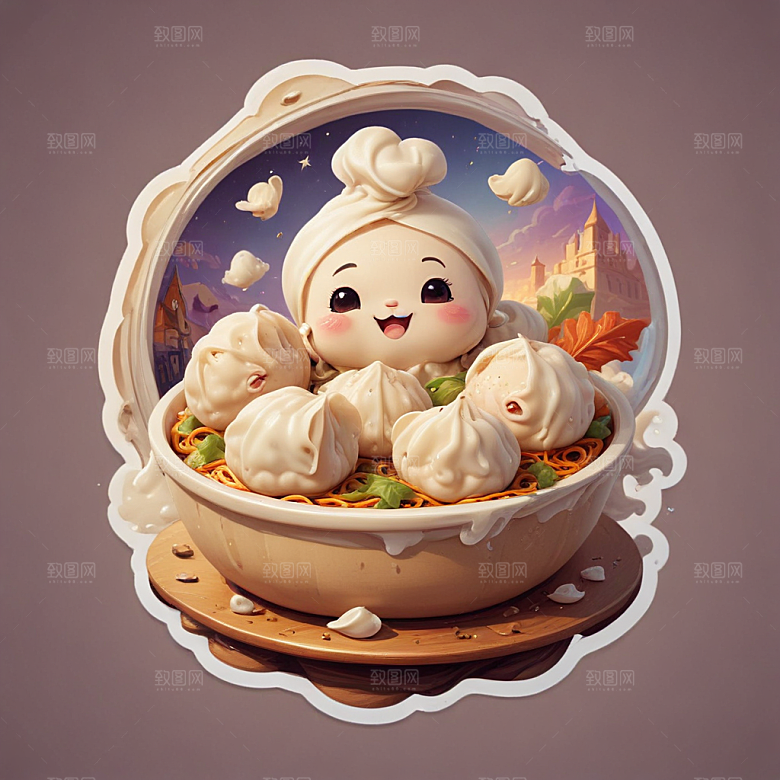 一份水饺插画卡通风格贴纸