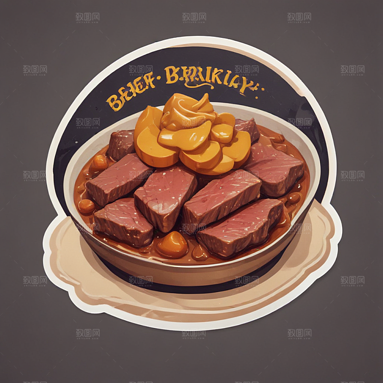 一份咖喱牛腩插画卡通风格贴纸