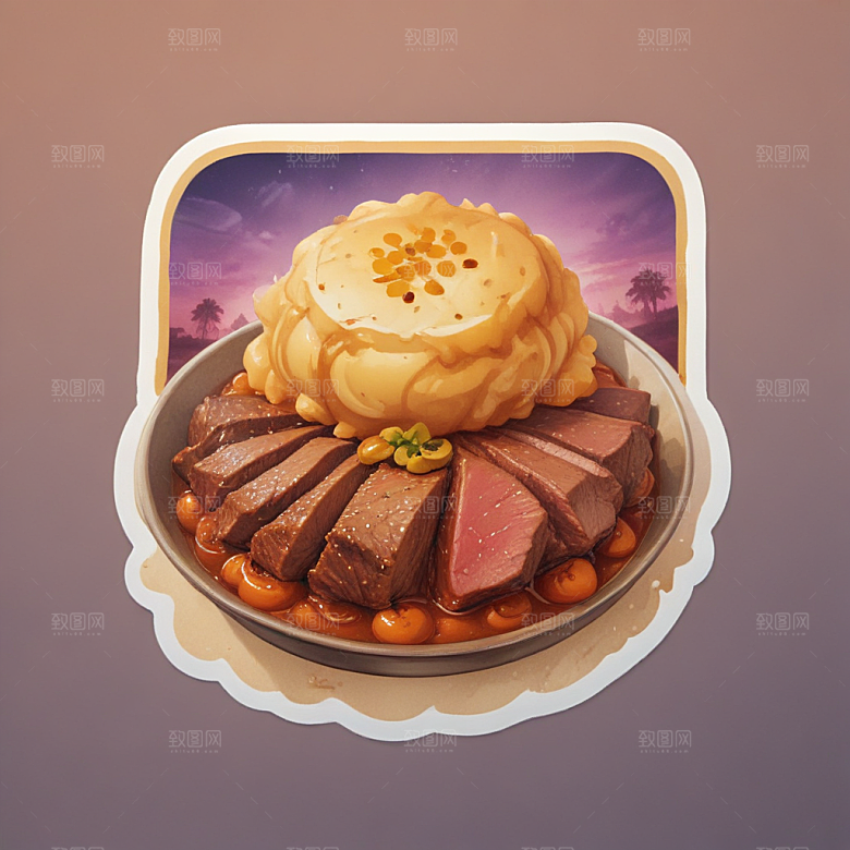 一份咖喱牛腩插画卡通风格贴纸