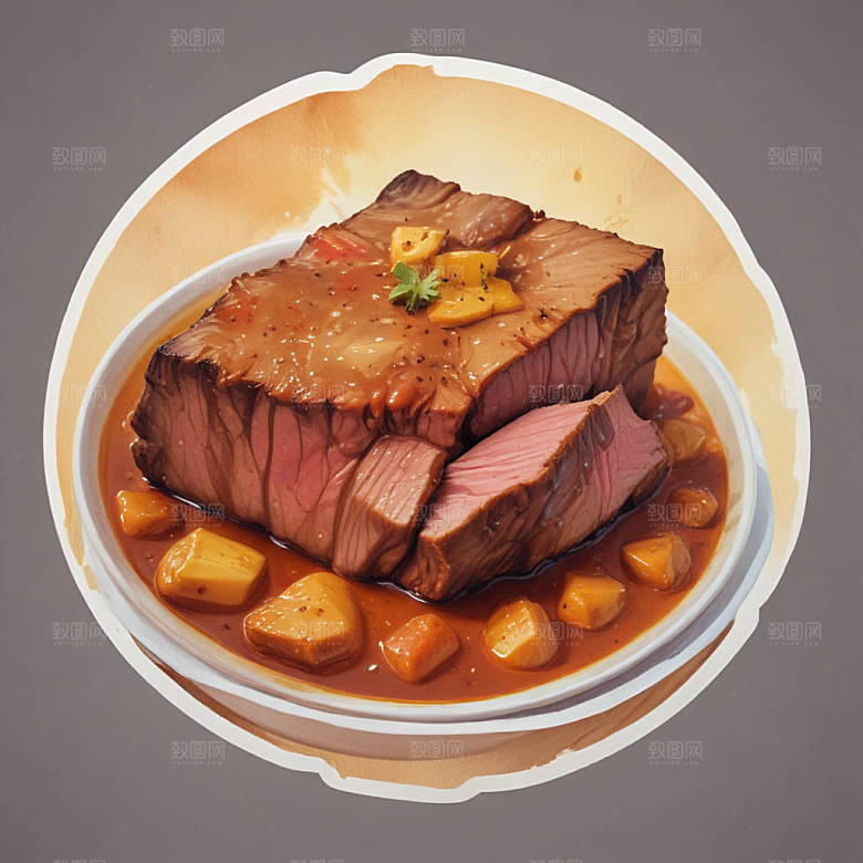 一份咖喱牛腩插画卡通风格贴纸
