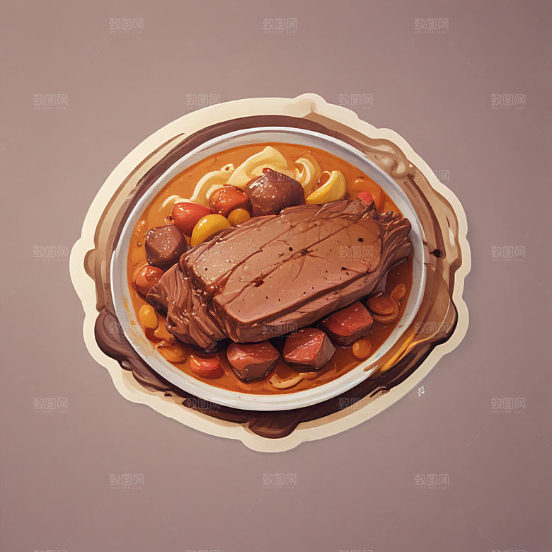 一份咖喱牛腩插画卡通风格贴纸